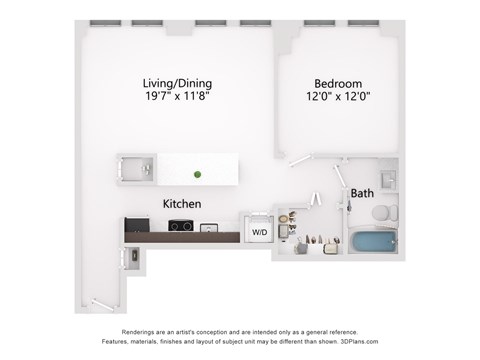 Floor plan for 1 bed, 1 bath, 770 sqft